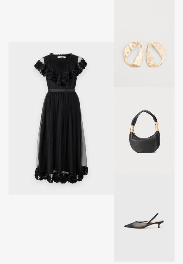 Ida Sjöstedt CINDY DRESS - Cocktailkjole / festkjole - black; NEOUS IRENA - Pumps - black; Sort læder håndtaske med rund form, blød tekstur og en knyttet hank med guldfarvede hardware detaljer. Lynlåslukning.; Et par uregelmæssige ovalformede øreringe i guldtonet metal med en tekstureret, let hamret overflade på en hvid baggrund.
