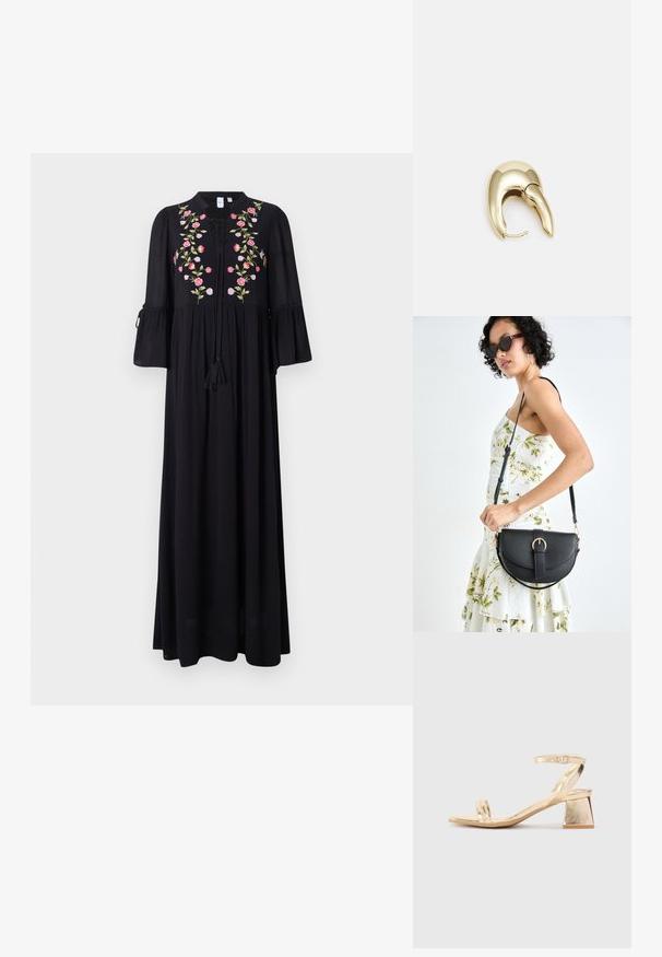 Black maxi dress with bell sleeves, featuring floral embroidery in pink, green, and white, and a tassel tie detail at the neckline.; Gold metallic heeled sandal with an angular block heel, two straps over the foot, and an adjustable ankle strap. Smooth texture.; Black leather handbag with a curved shape, detachable strap, and gold hardware. The bag features a flap with a buckle detail.; Gold-tone metal earring with a sleek, curved design. Features a distinctive pointed shape, polished surface, and hinge closure.