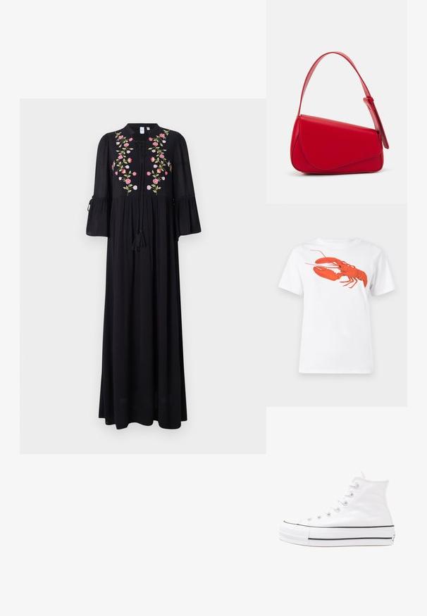 Sort maxi kjole med klokkeærmer, prydet med blomsterbroderi i pink, grøn og hvid, samt en kvastbindning ved udskæringen.; Hvid bomulds t-shirt med et stort, klart rødt hummerprint på forsiden. Korte ærmer og standard rund halsdesign.; Hvide høje kanvas sneakers med sort gummisål, gummitåhætte foran og seks øjehuller til snørebånd, der har et rent, minimalistisk design.; Rød læderhåndtaske med et kantet, geometrisk design. Har en enkelt justerbar rem og en klaplukning med syede detaljer.
