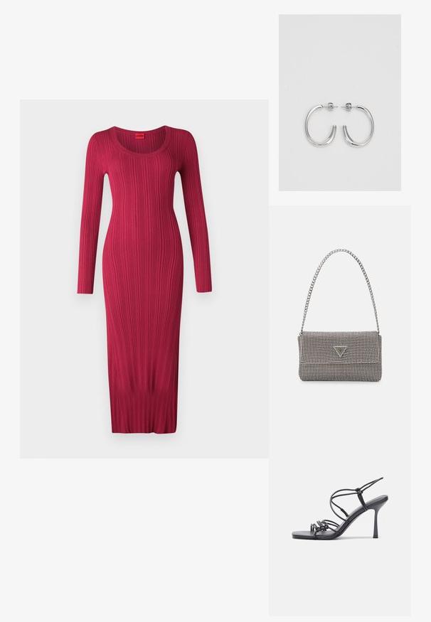 Φόρεμα μακρυμάνικο, με ριγωτή υφή σε φούξια απόχρωση και γύρο λαιμό. Διαθέτει εφαρμοστή σιλουέτα και φτάνει μέχρι το μέσο της γάμπας.; Μαύρες ψηλοτάκουνες σανδάλες με λεπτές λωρίδες και σχέδιο με κόμπους, λείο τετράγωνο μπροστινό μέρος και κομψό τακούνι στιλέτο.; Ανοικτό γκρι μεταλλική τσάντα χειρός με αλυσίδα, διακοσμημένη με μικρούς κυκλικούς μεταλλικούς στύλους και ένα τριγωνικό λογότυπο της μάρκας.; Ασημένια σκουλαρίκια κρίκοι με λεία, λαμπερή φινίρισμα. Στρογγυλό σχήμα, ελαφρύ σχέδιο, με κλείσιμο τύπου πίσω.