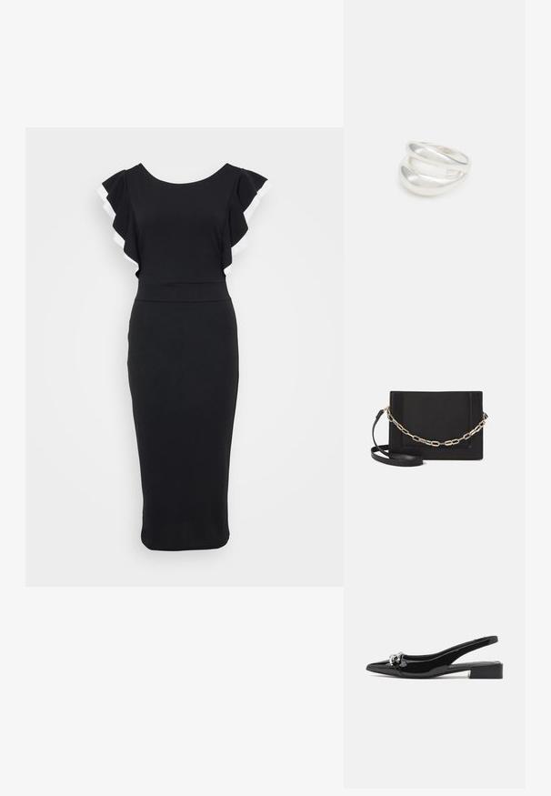 Vestido negro con mangas acampanadas que cuentan con un ribete blanco, corsé ajustado y una silueta de longitud midi, confeccionado en un tejido suave.; Zapatos slingback de charol negro con puntera puntiaguda, detalles en metal plateado y un tacón bajo tipo bloque. Textura suave y brillante en toda la superficie.; Bolso cruzado de piel negra con textura suave, forma rectangular y un detalle de cadena metálica en el frente. Incluye una correa ajustable.; Anillo de plata de doble banda con una superficie lisa y pulida. Presenta un diseño fluido y curvado con secciones superpuestas para un aspecto moderno.