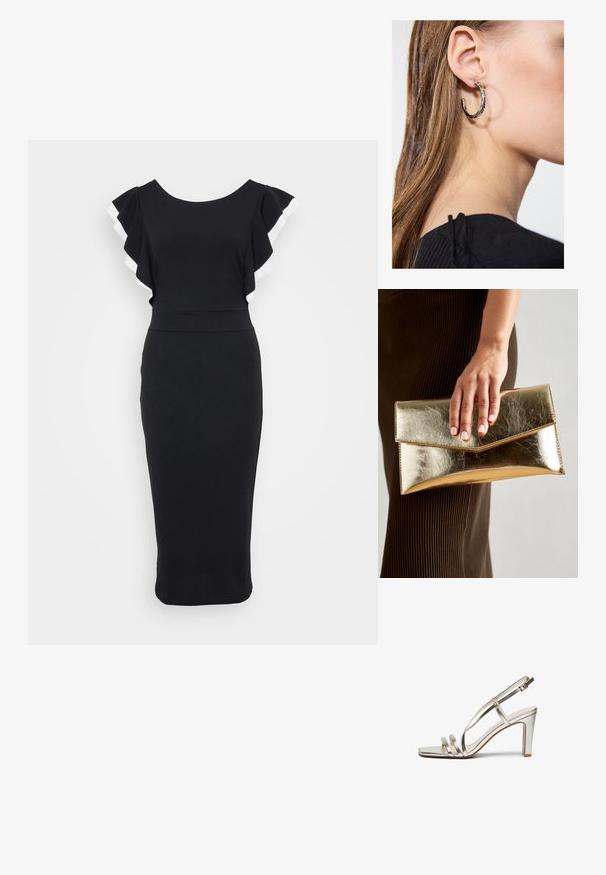 Czarna sukienka z rozkloszowanymi rękawami z białym wykończeniem, dopasowanym korpusem i sylwetką midi, uszyta z gładkiego materiału.; Srebrne metaliczne sandały na wysokim obcasie z odkrytymi palcami, z trzema cienkimi paskami na stopie i paskiem na kostkę z klamrą.; Złota metaliczna kopertówka o gładkiej teksturze, z trójkątnym zapięciem na klapkę. Ręka trzymająca torbę ma starannie wypielęgnowane paznokcie.; Srebrny kolczyk w kształcie koła z polerowanym wykończeniem, z małymi złotymi akcentami, noszony na płatku ucha.