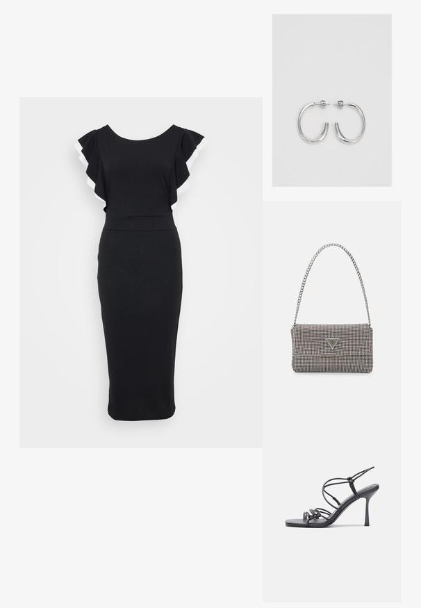 Juoda suknelė su išsiplėtusiomis rankovėmis, dekoruotomis baltomis detalėmis, prigludusiu liemeniu ir midi ilgio siluetu, pagaminta iš lygios medžiagos.; Juodos aukštakulnės sandalai pasižymi plonyčiais dirželiais su mazgo dizainu, lygiu kvadratiniu pirštu ir elegantišku stiletto kulnu.; Šviesiai pilka metalinė rankinė su grandinėlės dirželiu, papuošta mažais apvaliais metaliniais smeigėmis ir trikampiu prekės ženklu.; Sidabriniai lankelio formos auskarai su lygiu, blizgiu paviršiumi, išlenktos formos ir su užsegimu. Minimalistinio dizaino su moderniu apdaila.