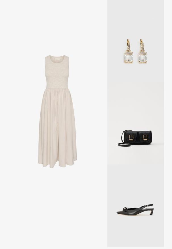 Hihaton, polvimittainen mekko beige väriä, jossa on tiukka yläosa ja kerroksellinen hame. Valmistettu pehmeästä kankaasta, jossa on sileä pinta.; Musta nahkainen slingback-kengät terävällä kärjellä, pienellä korolla ja koristeellisella solkikuvioinnilla yläosassa. Sujuva pinta, minimalistinen muotoilu.; Musta nahkainen olkalaukku, jossa on kaksi etutaskua, kultaiset soljet, vetoketjukiinnitys ja kapea hihna. Teksturoidun pinnan ja kompaktin suorakaiteen muoto.; Kulta-sävyiset korvakorut, joissa on suorakulmainen, kirkas kivi roikkumassa pienen, pyöreän kirkkaan korosteen rivin alapuolella. Tyylikäs, moderni muotoilu.