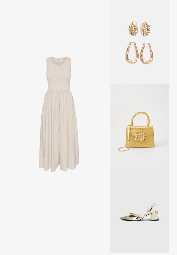 Mouwloze, knielange jurk in beige met een getailleerde bovenkant en een geplooide rok. Gemaakt van zachte stof met een gladde textuur.; Gouden, metalen slingback hakken met een spitse neus en een chunky hak. Glad oppervlak, minimalistisch ontwerp en een smalle band.; Geel faux-krokodillenhandtas met een gestructureerd ontwerp, bovenhandvat, afneembare kettingriem en decoratieve kristallen versiering op de sluiting.; Gouden oorbellen met een getextureerd, golvend ontwerp. Bevat sculpturale clip-on studs en een open ringontwerp met een gehamerd oppervlak.