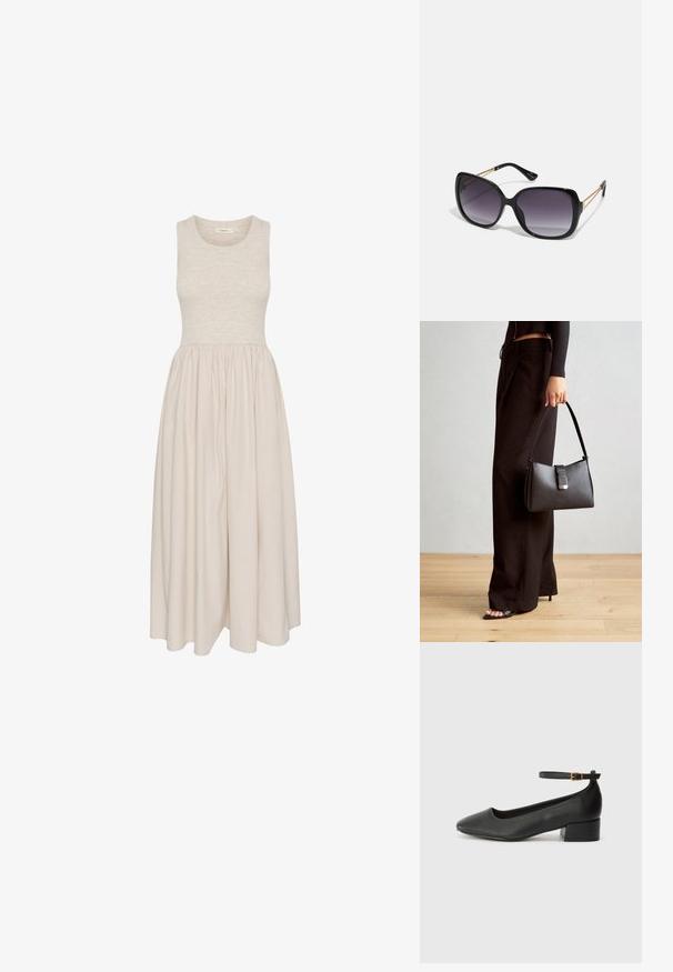Sleeveless, knee-length dress in beige with a fitted bodice and gathered skirt. Made from soft fabric with a smooth texture.; Black leather pump with a pointed toe and a low block heel. Features an ankle strap with a gold-tone buckle. Smooth texture.; Black oversized sunglasses with gradient lenses, thick frames, and gold-tone chain detailing on the temple arms.; Black handbag with structured shape, smooth texture, and a metallic clasp. Paired with wide black pants and open-toe sandals on wooden floor.