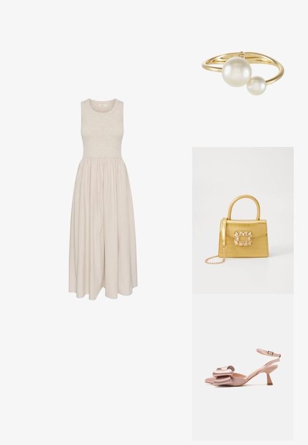 Ærmeløs kjole i knælang længde i beige med en tætsiddende overdel og en samlet nederdel. Fremstillet af blødt stof med en glat overflade.; Lyserød satinhæl med slingback, spids tå, bånddetalje på forsiden og en smal ankelrem. Hælen er i en tapered blokform.; Gul faux-krokodille skuldertaske med struktureret design, top-håndtag, aftagelig kædetraske og dekorativ krystaldekoration på låsen.; sweet deluxe JANIKA - Armbånd - gold-coloured