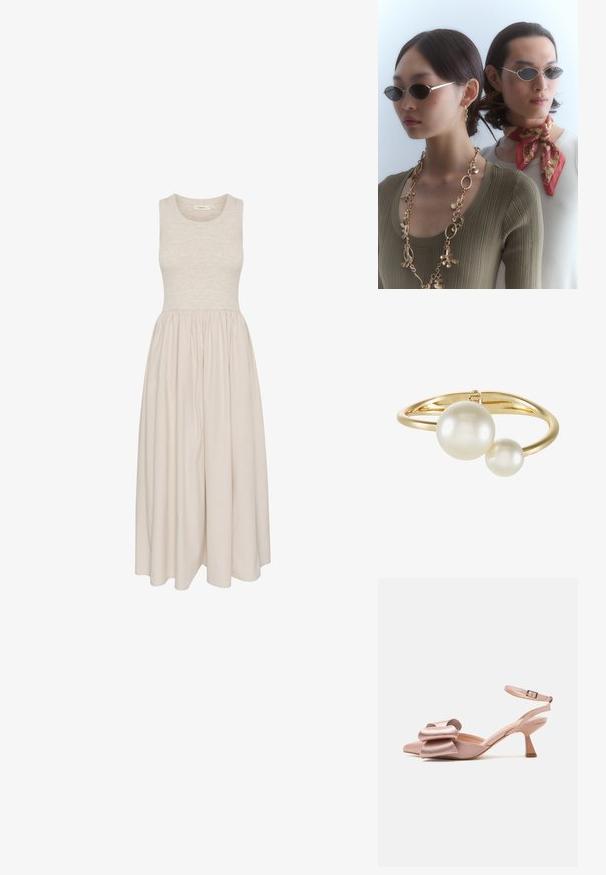 Bežinė suknelė be rankovių, iki kelių, su prigludusia liemene ir susiraukšlėjusiu sijonu. Pagaminta iš minkštos medžiagos su lygia tekstūra.; Ružovi satino slingback batai su smailiu pirštu, su lankeliu priekyje ir siauru kulkšnies dirželiu. Kulnas yra sutankinto bloko formos.; Apvalūs akiniai nuo saulės su tamsiais lęšiais ir plonais sidabriniais rėmeliais. Vienas žmogus dėvi auksinę grandinėlę, o kitas turi raudoną modeliuotą šalį.; sweet deluxe JANIKA - Apyrankė - gold-coloured