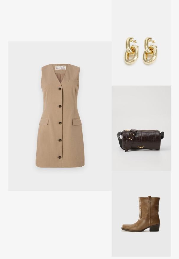 Vestido bege sem mangas com decote em V, cinco botões escuros na frente, dois bolsos com aba e um pequeno bolso no peito. Textura de tecido suave.; Bota de tornozelo em couro castanho com bico quadrado, acabamento texturizado e salto baixo em camadas. Apresenta uma alça na parte de trás e detalhes de costura discretos.; Bolsa de couro com textura de crocodilo na cor marrom, com forma cilíndrica, metalizações em tom dourado e uma alça destacável com tachas.; Rabanne XL LINK  DOUBLE HOOP EARRINGS - Brincos - gold-coloured