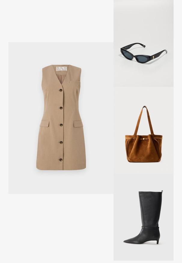 Bežinė suknelė be rankovių su V formos iškirpte, penkiomis tamsiomis sagomis priekyje, dviem uždaro tipo kišenėmis ir mažąja krūtine kišene. Lygus audinio paviršius.; Juodas odinis iki kelių botas su smailiu batu, akcentuotas apvaliu diržu aplink kulkšnį ir žemu, siaurėjančiu kulnu. Lygi tekstūra.; Juodos saulės akinių akiniai su elegantišku, kampuotu dizainu. Juose yra tamsūs lęšiai, blizgus paviršius ir auksinė detalė ant šventyklos.; Rudas suedes rankinė su dviem rankenomis, mygtuko uždarymo dirželiu ir atsipalaidavusia, šiek tiek nulinkusia forma.