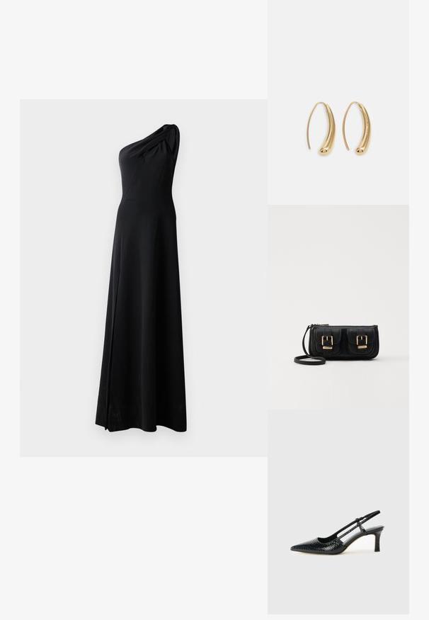 Black, one-shoulder dress made from smooth fabric, featuring a fitted bodice, draped shoulder detail, and a flowing skirt with a side slit.; Black patent slingback heel with a pointed toe, featuring textured snake print, adjustable strap, and a short, textured block heel.; Black leather crossbody bag with two front pockets, gold buckles, zipper closure, and a slim strap. Textured surface and compact rectangular shape.; Gold-tone metal hoop earrings with a curved, elongated shape. Features a smooth, shiny surface and a rounded tip for added detail.