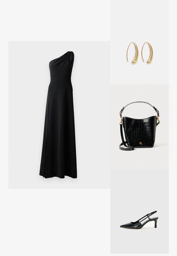 Fekete, egyvállas ruha sima anyagból, testhez álló felső résszel, redőzött vállrésszel és oldalsó sliccel ellátott, légies szoknyával.; Fekete lakk slingback sarok, hegyes orral, texturált kígyómintával, állítható pánttal és rövid, texturált tömbsarkal.; Fekete krokodil bőrhatású táska ívelt formával, arany színű fémalkatrészekkel, állítható pánttal és logó részlettel elöl.; Aranyszínű fémből készült karika fülbevalók ívelt, hosszúkás formával. Simaságával és fényes felületével, valamint lekerekített végével további részletekkel bővül.