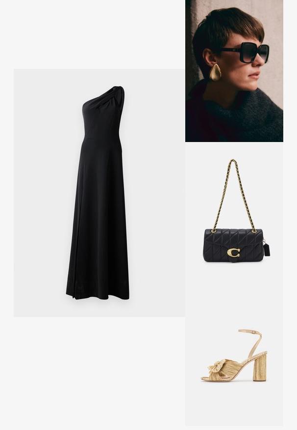 Mustmust, ühele õlale ulatuv kleit, mis on valmistatud siledast kangast, millel on kehaüsiv ülemus, rippuv õlavarre detail ja voolav seelik külge lõhikuga.; Kuldsete kontsadega sandaalid, mille esiosas on sõlm, pleatitud tekstuur ja pahkluu rihm. Tootel on plokknokk, millel on sooneline disain, mis parandab haarduvust.; Mustad ülemized prillid tumedate läätsede ja kuldse seadistusega, koos suurte läikivate kuldsed tilgakujuliste kõrvarõngastega. Tume tekstuuriga sall.; Must mustriga käekott kuldse ketirihmaga, millel on silmapaistev kuldne klamber ja väike silt, esitleb tekstuurt nahka.