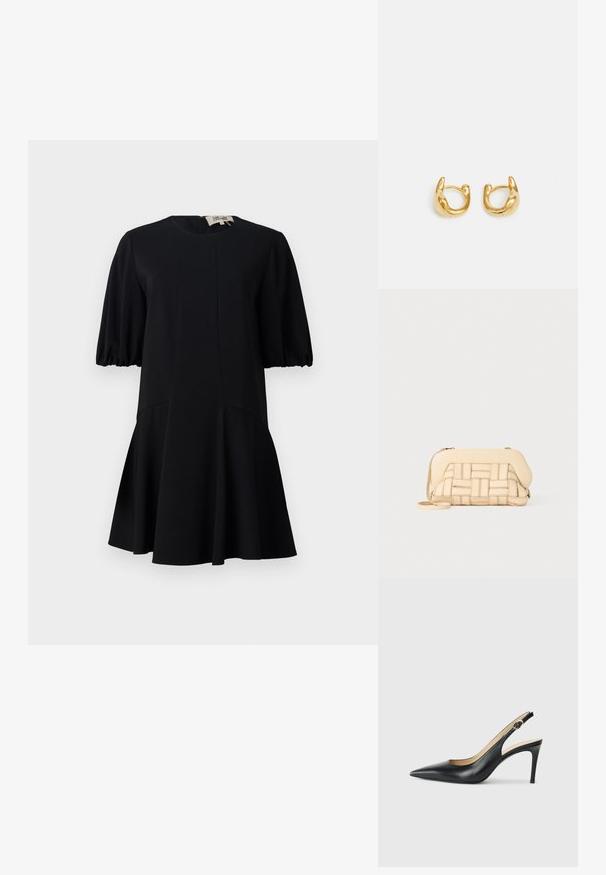 Musta mekko, jossa on pyöreä pääntie, lyhyet puffihihat ja levenevä helma. Valmistettu sileästä kankaasta, jossa on sauman yksityiskohtia.; Mustat nahkaslingback-korkokengät, joissa on terävä kärki, säädettävä hihna ja tyylikäs stiletto-korko, jotka tarjoavat sileän pinnan.; Kudottu beige käsilaukku, jonka rakenne on selkeä. Laukussa on sileä päälliosa ja pitkä hihna. Kankaan viimeistely parantaa kokonaisilmettä.; Kulta renkaat korvakorut, joissa on sileä, pyöreä muoto ja kiiltävä pinta. Korvakoruilla on kompakti, tukeva muoto ja saumaton lukko.