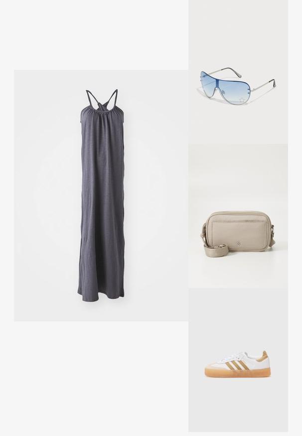 Maksi kleita tumši pelēkā audumā ar savelkušu dekoltē un regulējamiem siksniņām. Iespējotas sānu šķēlumi ērtai kustībai. Gara, plūstoša piegriezuma.; Baltie sporta apavi ar beigžu akcentiem, ar trim svītrām, noapaļota purngala daļa un caurspīdīga gumijas zole. Gluda ādas un tekstila materiālu kombinācija.; Pilotstila saulesbrilles ar gradienta zilām lēcām, sudraba metāla rāmjiem un dekoratīvām zvaigžņu akcentiem uz lēcām. Gluda un eleganta dizaina.; Beige krustos soma ar gludu neilona ārpusi, ar rāvējslēdzēja aizdari, regulējamu siksnu un priekšējo kabatu ar izsmalcinātu logotipa detaļu.