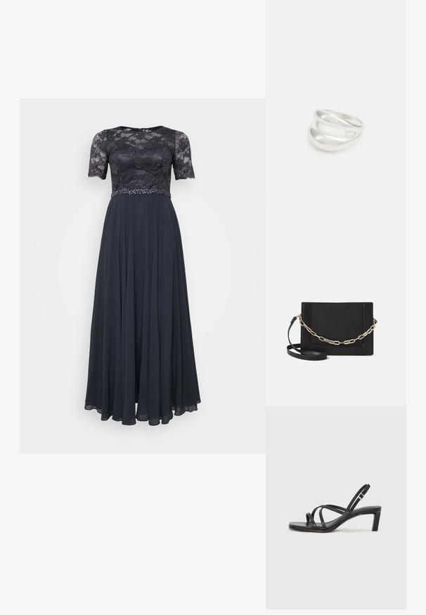 Navyblaues Abendkleid mit Spitzenoberteil, kurzen Ärmeln und verziertem Taillenbund; fließender Chiffonrock mit voluminösem Schnitt.; Schwarze Sandale mit Riemchen, quadratischer Zehenform und niedrigem Blockabsatz. Verfügt über mehrere dünne Riemen und einen verstellbaren Knöchelriemen. Hergestellt aus glattem Leder.; Schwarze Leder-Crossbody-Tasche mit glatter Textur, rechteckiger Form und metallic-kettendetail auf der Vorderseite. Verstellbarer Gurt inklusive.; Silberner Doppelring mit einer glatten, polierten Oberfläche. Verfügt über ein fließendes, kurviges Design mit überlappenden Abschnitten für einen modernen Look.