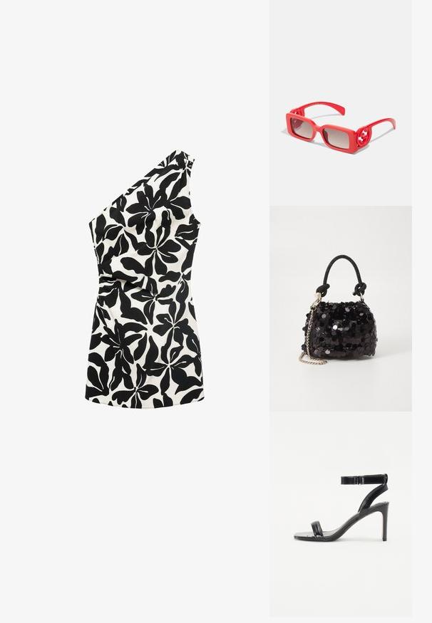 Top floral asimetric alb-negru, cu un singur umăr, realizat dintr-un material ușor, cu modele mari de frunze.; Sandalie negre cu toc, cu o finisare lucioasă, având două curele subțiri și o curea pentru gleznă, montate pe un toc subțire.; Ochelari de soare din plastic roșu, cu rame pătrate, lentile cu un gradient și accente cu logo circular pe brate. Textură netedă cu un finisaj lucios.; Geantă mini neagră cu paiete, cu un umar texturat înnodat și un lanț argintiu. Formă rotundă cu partea de sus adunată și detalii reflectorizante.