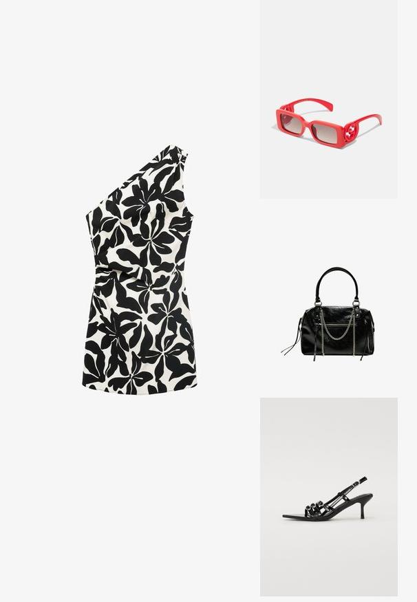 Asymetrický čierno-biely kvetinový top so strihom na jedno rameno, vyrobený z ľahkej tkaniny s veľkými vzormi listov.; Čierne lodičky na podpätku so špicatou špičkou, ktoré majú niekoľko úzkych remienkov a kruhové akcenty na prednej strane.; Červené plastové slnečné okuliare so štvorcovými rámami, gradientovými sklami a kruhovými logovými akcentmi na spánkoch. Hladký povrch s lesklým finišom.; Bershka WITH CHAIN - Kabelka - black