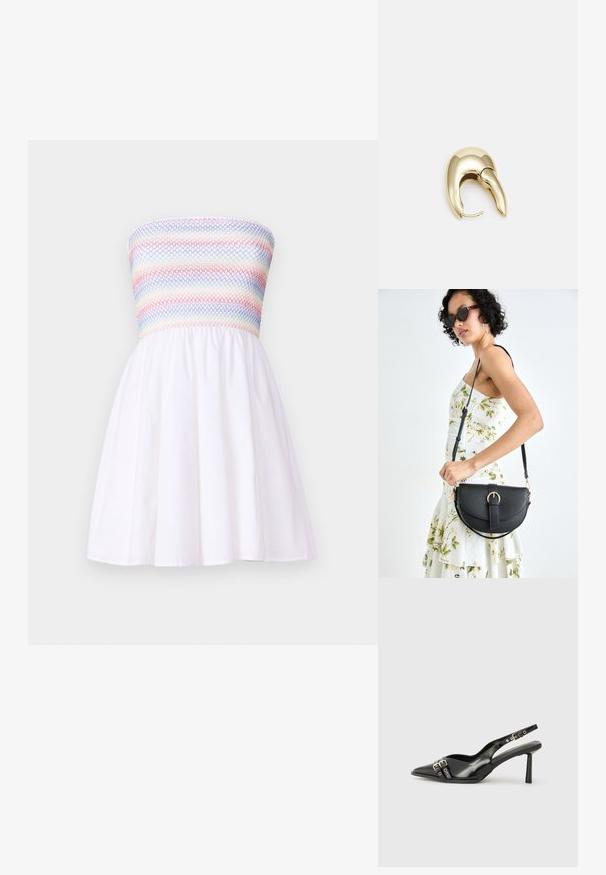 Haljina bez naramenica s naboranom, višebojnom korzetom i lepršavom bijelom suknjom. Izrađena od lagane tkanine, s glatkom teksturom.; Crna lakirana slingback cipela s izduženim vrhom, remenčićima oko gležnja s srebrnim kopčama i dijelovima, te vitkim potplatom.; Crna kožna torba s lukovitim oblikom, odvojivim remenom i zlatnim detaljima. Torba ima preklop s kopčom.; Zlatne metalne naušnice s elegantnim, zakrivljenim dizajnom. Imaju karakterističan šiljast oblik, poliranu površinu i zatvaranje na šarku.