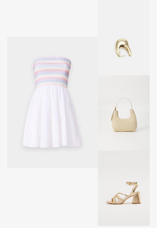 Bezdydžiai suknelė su smock'iniu, daugiaspalviu liemeniu ir platėjančia balta sijonu. Pagaminta iš lengvos medžiagos, pasižymi sklandžiu tekstūru.; Auksinės metalinės kulniuko šlepetės su juostelėmis, kvadratiniu blokiniu kulnu ir reguliuojamu kulkšnies dirželiu su sagtimi. Lygi tekstūra.; Aukšta pintinė rankinė iš šiaudų, šviesiai rudos spalvos, su išlenkta forma, trumpa rankena ir šoniniu užtrauktuku. Pasižymi tekstūruota paviršiumi ir minimalistiniu dizainu.; Aukso tono metalinės auskarai su stilingu, kreiviu dizainu. Išsiskiria ryškiu smailiu pavidalu, poliruota paviršiumi ir užsegimu su vyriu.