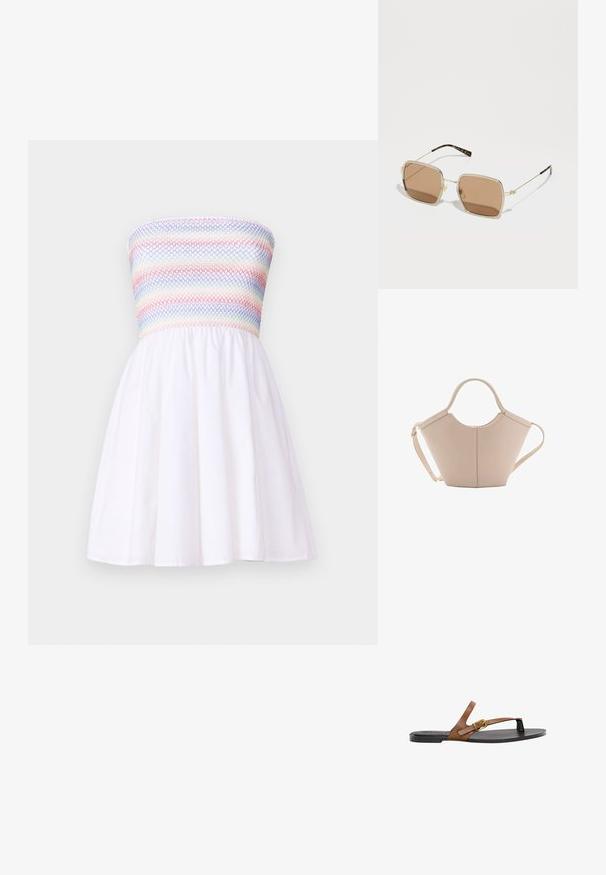 Šaty bez ramienok s rozšíreným, viacfarebným vrchom a rozšírenou bielou sukňou. Vyrobené z ľahkej tkaniny s hladkou textúrou.; Hnedé kožené šľapky s zlatou sponou, plochou čiernou podrážkou a minimalistickým dizajnom, s hladkou textúrou.; Zlaté kovové slnečné okuliare so štvorcovým tvarom, hnedými sklami so zatmením a jemnými zelenými a červenými akcentmi na ráme. Tenké, elegantné ramená.; Béžová kožená kabelka s unikátnym tvarom, vybavená dvoma krátkymi uchami a jedným dlhým nastaviteľným popruhom. Hladký povrch s minimálnym kovovým príslušenstvom.