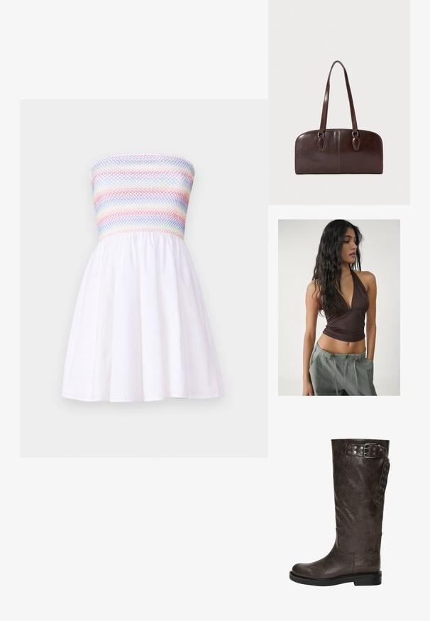 Sukienka bez ramiączek z marszczonym, wielokolorowym korpusem i rozkloszywaną białą spódnicą. Wykonana z lekkiego materiału, charakteryzująca się gładką teksturą.; Brązowy top na ramiączkach z głębokim dekoltem w literę V i marszczonym materiałem w okolicy biustu, w połączeniu z luźnymi, jasnoszarymi spodniami cargo z regulowanymi sznurkami w pasie.; Brązowy skórzany botek do kolan o teksturowanym wykończeniu, z klamrą i zapięciem na napy po boku oraz płaską gumową podeszwą.; Brązowa skórzana torebka z dwoma długimi uchwytami, o strukturalnym prostokątnym kształcie, gładkiej fakturze i zaokrąglonych krawędziach. Posiada akcentowane detale przy uchwytach.