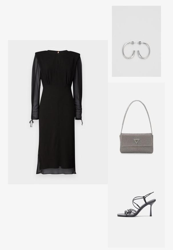 Črna midi obleka z vstavljeni rameni, prosojnimi dolgimi rokavi, zategnjeno pasom in zapiranjem na gumbih na hrbtu s ključavnico.; Črne visoke sandale na peto imajo tanke naramnice z vozlom, gladek kvadratni toe in eleganten stiletto peto.; Svetlo siva kovinska torbica z verižnim ročajem, okrašena z majhnimi okroglimi kovinskimi bleščicami in trikotnim logotipom blagovne znamke.; Srebrne obročaste uhane z gladko, sijočo površino. Zaobljena oblika, lahka zasnova, z zapiranjem na zatič.