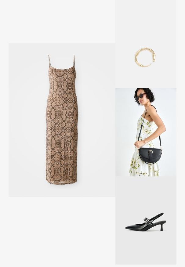 Haljina bez rukava, prilagođena tijelu, s teksturiranim uzorkom zmijske kože u nijansama smeđe boje, koja seže do sredine lista. Jednostavan dizajn na bijeloj pozadini.; Crne lakirane slingback potpetice s oštrim prstom i malom blok petom, s naglaskom na srebrnoj kopči na remenu.; Crna kožna torba s lukovitim oblikom, odvojivim remenom i zlatnim detaljima. Torba ima preklop s kopčom.; Prsten u zlatnoj nijansi s organskim, uvijenim dizajnom, glatkom teksturom i suženim krajevima, koji stvara moderan, skulpturalni izgled.
