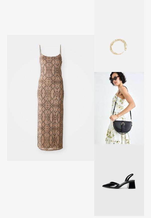 Bezramienkov dress s priliehavým strihom a textúrovaným hadím vzorom v odtieňoch hnedej, siahajúcim po polovicu lýtok. Jednoduchý dizajn na bielom pozadí.; Čierne lakované kožené sandálové podpätky s špicatou špičkou a geometrickým blokovým podpätkom. Disponujú elegantným, minimalistickým dizajnom a hladkým povrchom.; Čierna kožená kabelka s zaobleným tvarom, odnímateľným popruhom a zlatými doplnkami. Kabelka má klopu s detailom s prackou.; Prsteň v zlatej farbe s organickým, skrúteným dizajnom, hladkým povrchom a zužujúcimi sa koncami, vytvárajúci moderný, sochársky vzhľad.