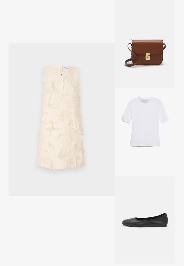 Marella ATLANTA - Kokteiļkleita/ballīšu kleita - avorio; Balta īsām piedurknēm T-krekls, izgatavots no ribota auduma. Apaļš izgriezums, regulāra piegriezuma un diskrēti šuvumu detaļas. Bez printiem vai grafikām.; Melna ādas baleta kurpe ar noapaļotu purngalu, gludu tekstūru, minimālu šuvju detalizāciju un elastīgu zoles dizainu.; Bordo ādas rokas soma ar atloku, zeltītām detaļām, plecu siksnu un gludu virsmu. Kompakta, taisnstūrveida forma.