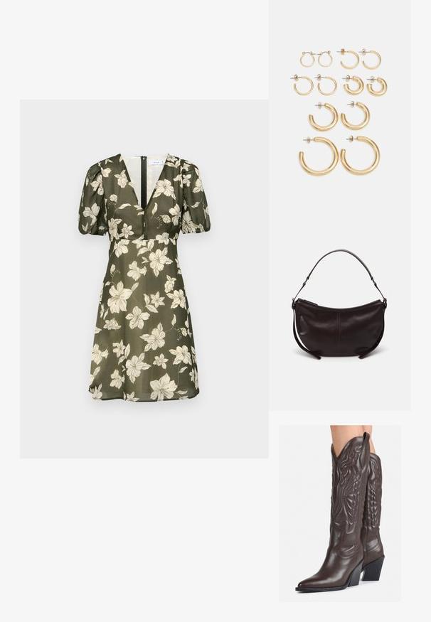 Olivno zelena obleka z belim cvetličnim vzorcem, kratkimi nabranimi rokavi, globokim V-izrezom in zadrgo na zadnji strani. Gladek material s puhasto zasnovo.; Rjave usnjene kavbojske čevlje z ostrim nosom in blok peto, ki vsebujejo podrobno šivanje in dvignjene dodatke na zgornjem delu.; Temno rjava usnjena torba za ramo s ukrivljeno obliko, gladko teksturo in enim prilagodljivim trakom. Ima zadrgo za zapiranje.; Set zlato obročastih ušesnih uhani, ki vključujejo različne velikosti in oblike, vključno z majhnimi, srednjimi in velikimi slogi, z gladkimi kovinskimi površinami.