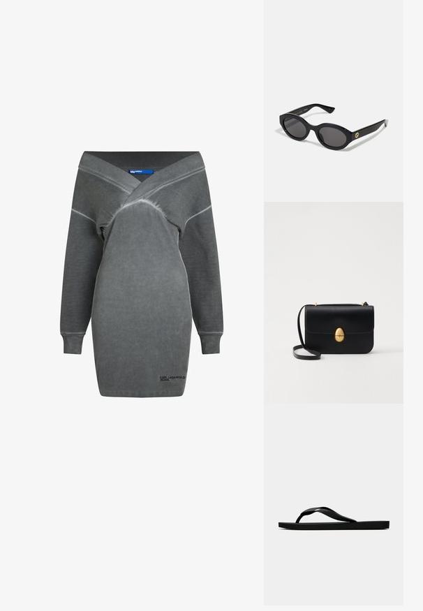 Halli suurusega kleit sügava V-kaeluse, pikkade varrukate ja soonikpitsidega. Valmistatud pehmest kangast, millel on veidi tekstuurne viimistlus. Omab logo detaile.; Musta kummist suss, millel on tekstuuriga eraldi sõrmeosa ja lihtne lame tald, kuva külgvaates üheltoonilise heleda tausta ees.; Mustad mustad prillid tumedate läätsedega ja läikiva plastraamiga. Omab kuldset logo põlveosal, pakkudes stiilset ja kaasaegset disaini.; Must kase nahast käekott, millel on struktureeritud ristkülikukujuline kuju. Omab kuldset ovaalset lukku ja õhukest õlavarre rihma. Sile tekstuur.