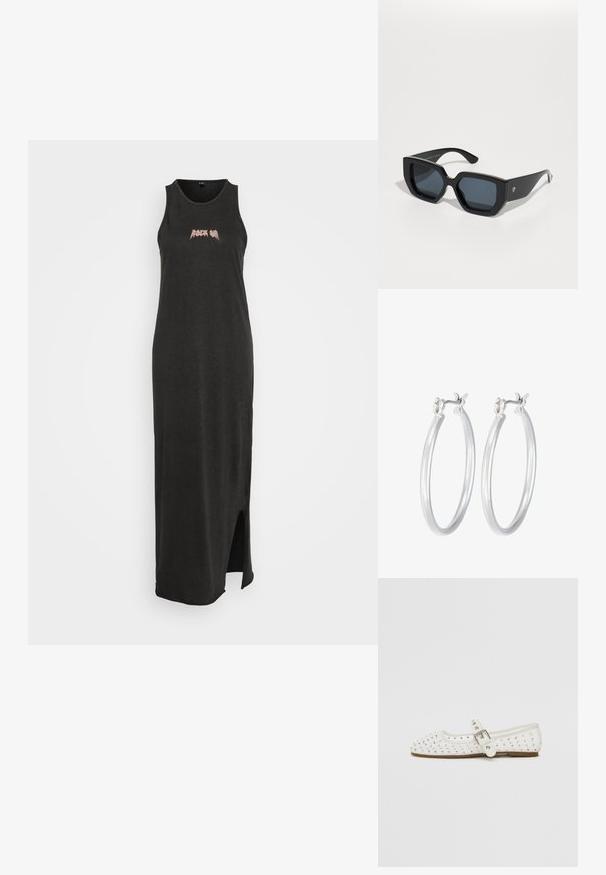 Mustat hihattomat maxi-mekot, joissa on pyöreä kaula-aukko, etupuolella halkio ja "Rock On" -graafinen teksti metallinvärisessä letteringissä rinnassa.; Valkoinen litteä kenkä, jossa on terävä kärki, on koristeltu hopeisilla napeilla, ja siinä on soljellinen hihna jalan päällä sekä vaaleanruskea pohja.; Mustat ylisuuret aurinkolasit, joissa on geometrinen muotoilu, suorakulmaiset linssit ja kiiltävä pinta. Ei näkyvää brändäystä edessä.; Hope-silver rengas, joissa on sileä ja kiillotettu pinta. Pyöreä muoto ja turvallinen napsautettava lukitus. Kevyt muotoilu sopii päivittäiseen käyttöön.