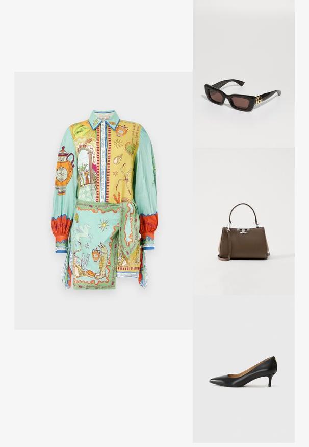 Φανέλα σε ζωηρά χρώματα με περίπλοκα σχέδια σε κίτρινο και πράσινο, με λεπτομερείς απεικονίσεις, μακριά μανίκια και γιακά.; Μαύρο δερμάτινο τακούνι με μυτερή μύτη, χαμηλό τακούνι και λεία υφή. Διαθέτει ελαφρύ άνοιγμα στο μπροστινό μέρος και ελάχιστο υλικό στο πίσω μέρος.; Μαύρα γυαλιά ηλίου από τιρμπαζά με ορθογώνιους φακούς, καφέ απόχρωση, παχύ σκελετό και χρυσή λεπτομέρεια διπλού λογότυπου G στον βραχίονα.; Καφέ δερμάτινη τσάντα με δομημένο σχήμα, ασημί μεταλλικά στοιχεία και διπλούς ιμάντες. Διαθέτει λογότυπο στο μπροστινό μέρος και αποσπώμενο λουρί.