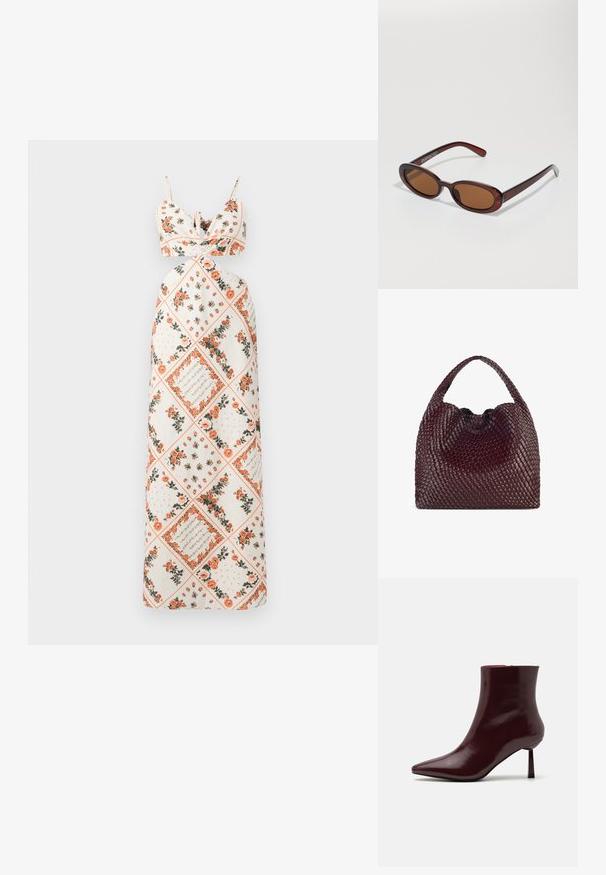 Abito maxi in tessuto crema con motivi floreali in arancione e verde. Spalline legate con busto aderente e design a gonna svasata.; Stivale alla caviglia in pelle laccata bordeaux con punta affusolata e tacco stiletto sottile, caratterizzato da una texture liscia e lucida e da un design minimalista.; Occhiali da sole rotondi con tonalità marrone, montatura lucida color bordeaux. Aste sottili con un sottile dettaglio del marchio. Design delle lenti piatte.; Borsa intrecciata color bordeaux con forma arrotondata e manico singolo, dotata di una superficie testurizzata e chiusura a coulisse elastica.