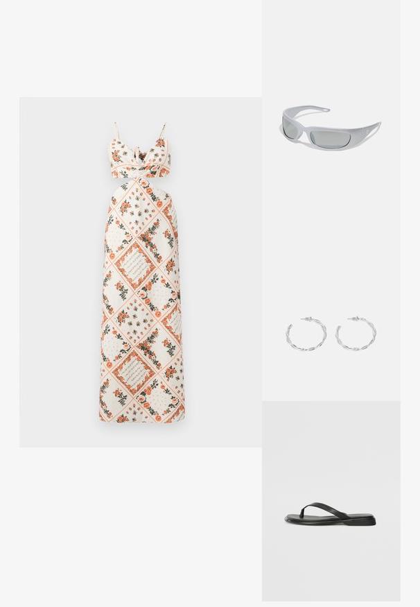 Robe maxi en tissu crème avec des motifs floraux en orange et vert. Bretelles nouées avec un corsage ajusté et une jupe évasée.; Tongs noires en cuir lisse, avec un design de sangle fine et une semelle plate à profil minimal. Aucun motif ou accent notables.; Lunettes de soleil avec une monture en plastique gris élégant, au design courbé, et des verres teintés gris. Présente un accent de logo sur une branche.; Boucles d'oreilles en argent en forme de créoles avec un design torsadé, dotées d'une finition polie et d'une fermeture à poussoir. Mesurent environ 3 cm de diamètre.