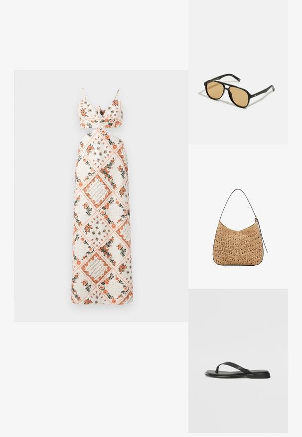 Maxi sukienka z kremowej tkaniny z kwiatowymi wzorami w odcieniach pomarańczowym i zielonym. Związane ramiączka z dopasowaną górą i rozkloszowanym dołem.; Czarne klapki wykonane z gładkiej skóry, z cienkim paskiem i płaską podeszwą o minimalistycznym profilu. Brak widocznych wzorów lub akcentów.; Czarne okulary przeciwsłoneczne z brązowymi szkłami; prostokątny kształt z grubą oprawą, z delikatnymi akcentami na zausznikach.; Woven straw shoulder bag in a curved shape, with a dark leather strap and a textured surface featuring a chevron pattern.