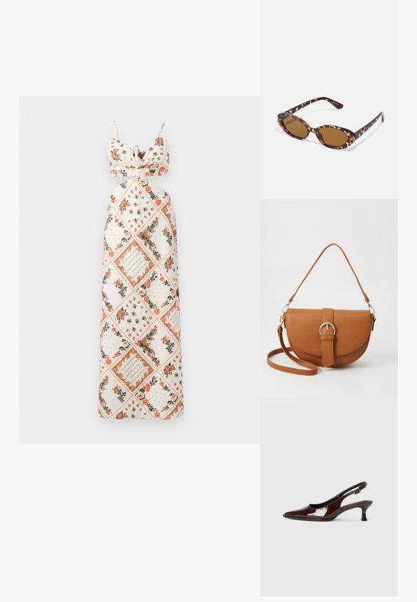 Maxi sukienka z kremowej tkaniny z kwiatowymi wzorami w odcieniach pomarańczowym i zielonym. Związane ramiączka z dopasowaną górą i rozkloszowanym dołem.; Brązowe lakierowane skórzane buty na obcasie typu slingback z ostrym noskiem i umiarkowanym obcasem. Posiadają pasek z klamrą dla zapewnienia stabilnego dopasowania. Gładka tekstura.; Okulary przeciwsłoneczne w kolorze tortoise z owalnymi soczewkami, brązowymi w odcieniu, cienkimi ramionami z teksturowanym wzorem, lekką plastikową oprawką.; Brązowa skórzana torba na ramię o zaokrąglonym kształcie, ze złotymi akcentami i zapięciem w formie klamry. Posiada odpinany pasek na ramię.