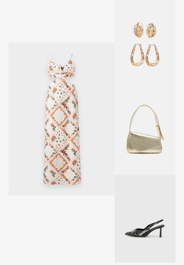 Vestido maxi de tela crema con patrones florales en naranja y verde. Tirantes atados con un cuerpo ajustado y diseño de falda acampanada.; Zapato de charol negro tipo slingback con punta afilada, correas al tobillo con hebillas y herrajes de plata, y un tacón delgado.; Bolso de mano metálico dorado con un diseño estructurado, textura suave y correa ajustable. Presenta una forma triangular única y un cosido minimalista.; Pendientes en tono dorado que presentan formas texturizadas y onduladas. Incluyen aros de clip esculturales y un diseño de aro abierto con un acabado martillado.