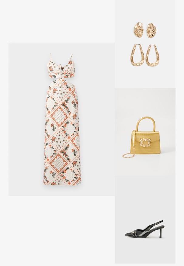 Abito maxi in tessuto crema con motivi floreali in arancione e verde. Spalline legate con busto aderente e design a gonna svasata.; Scarpa slingback in vernice nera con punta affusolata, cinturini alla caviglia con fibbie in argento e accessori, e tacco sottile.; Borsa finta coccodrillo gialla con design strutturato, manico superiore, tracolla a catena removibile e abbellimenti in cristallo decorativi sulla chiusura.; Orecchini in tono oro caratterizzati da forme ondulate eTexture. Comprendono chiusure clip-on scultoree e un design a cerchio aperto con finitura martellata.