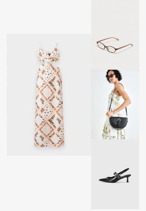 Maxi dress in cream fabric featuring floral patterns in orange and green. Tied straps with a fitted bodice and A-line skirt design.; Black patent leather slingback heels with a pointed toe and a small block heel, featuring a silver buckle accent on the strap.; Brown tortoiseshell glasses with oval lenses, thin arms, and transparent accents. Features a subtle logo on the temple. Sleek, lightweight design.; Black leather handbag with a curved shape, detachable strap, and gold hardware. The bag features a flap with a buckle detail.