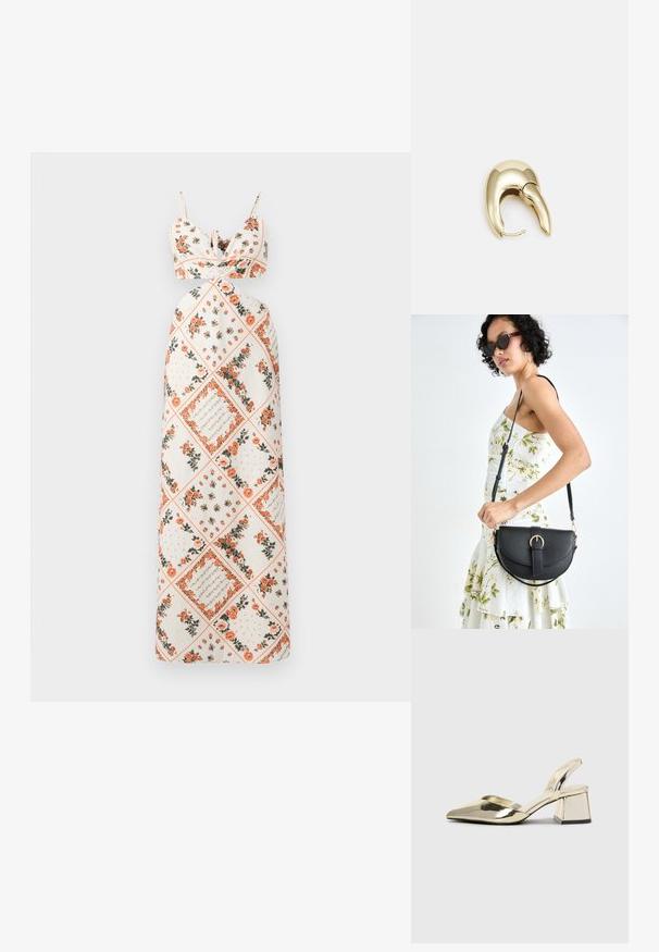 Maxi šaty z krémovej látky s kvetinovými vzormi v oranžovej a zelenej farbe. Tkané ramienka s priliehavým telom a strihom A-line sukne.; Zlaté kovové lodičky na podpätku so špicatou špičkou a robustným podpätkom. Hladký povrch, minimalistický dizajn a úzka remienok.; Čierna kožená kabelka s zaobleným tvarom, odnímateľným popruhom a zlatými doplnkami. Kabelka má klopu s detailom s prackou.; Náušnice z kovu v zlatej farbe s elegantným, zakriveným dizajnom. Majú charakteristický špicatý tvar, leštený povrch a uzáver na pánt.
