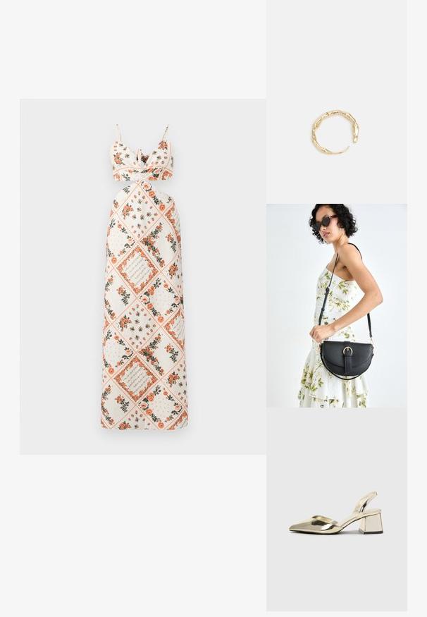 Maxiklänning i krämfärgad tyg med blommönster i orange och grönt. Band som knyts med en figurnära liv och A-linjeformad kjoldesign.; Guld, metalliska slingback-klackar med spetsig tå och chunky klack. Slät textur, minimalistisk design och en smal rem.; Svart läderhandväska med en böjd form, avtagbar rem och guldiga detaljer. Väskan har ett lock med en spänndetalj.; Ring i guldutförande med en organisk, vriden design, slät yta och avsmalnande ändar, vilket ger ett modernt, skulpturalt utseende.