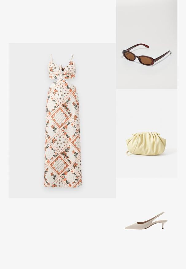 Maxi kjole i cremefarvet stof med blomster mønstre i orange og grøn. Bindebåndsremme med tætsiddende overdel og A-formet skørt design.; Beige slingback-hæle med spids tå og en lav, flared hæl. Fremstillet af glat læder med et minimalistisk design og justerbar rem.; Runde, bruntonede solbriller med en glansfuld bordeauxramme. Slanke arme med diskret brandingdetalje. Flad linsedesign.; Gul plisseret håndtaske lavet af glat kunstlæder, med en blød form, en enkelt skulderrem og samlet topdesign.