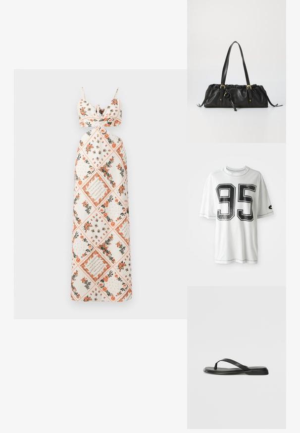 Krém színű maxi ruha, narancssárga és zöld virágmintákkal. Megkötős pántokkal, testhez simuló felső résszel és A vonalú szoknyával.; Fehér rövid ujjú póló, elöl nagyméretű, kopottas fekete "95" számmal, a bal ujján egy apró fekete swoosh logóval.; Fekete papucs sima bőrből, vékony pántkel és lapos talppal rendelkezik, minimális profilú. Nincsenek kiemelkedő minták vagy díszítések.; Fekete bőr kézitáska, összegyűrt tetejével, két vállpánttal, aranyszínű fémrészekkel és középen elhelyezett kör alakú díszítéssel. Simaság jellemzi, kompakt formájú.