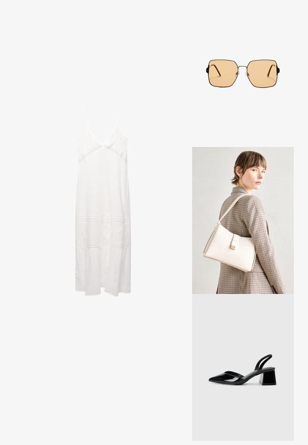 Robe en lin blanche avec des bretelles fines, décolleté en V, accents brodés, ourlet empilé et coupe ample. Possède un tissu texturé et des détails en dentelle.; Escarpins en cuir verni noir avec bout pointu et talon bloc géométrique. Présente un design élégant et minimaliste ainsi qu'une texture lisse.; Lunettes de soleil carrées avec des verres marron et une fine monture en métal noir. Présente des branches angulaires et des plaquettes de nez ajustables pour un confort optimal.; Sac à main en cuir blanc au design structuré, doté d'un fermoir magnétique et d'une bandoulière, présenté sur un fond neutre.