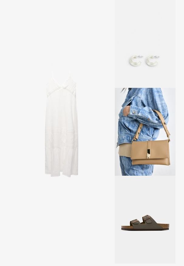 Hvid linned kjole med tynde stropper, V-hals, broderede detaljer, lagdelt kant og en løs pasform. Har tekstureret stof og blonde detaljer.; Mørkegrønne slip-on sandaler med to justerbare stropper og kobberfarvet hardware, der har en korksål og en struktureret gummisål.; Beige læderhåndtaske med en rektangulær form, udstyret med en klaplukning i guldfarve og en aftagelig rem, båret med en blå denimjakke.; Sølvfarvede øreringe i et snoet hoopsdesign, med en struktureret overflade og ribbet detaljer, sikret med en postlås.