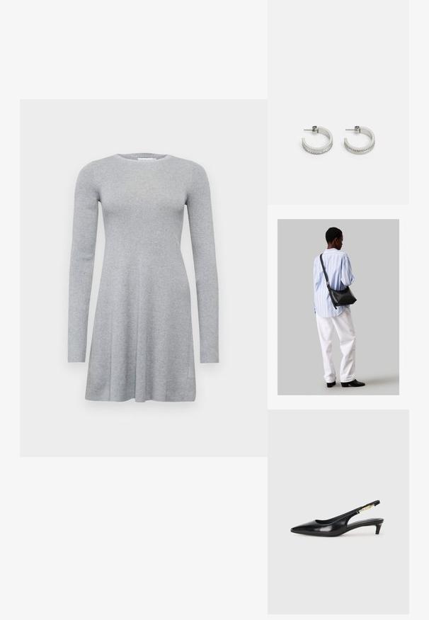 Szürke, hosszú ujjú ruha bordázott textúrával, kerek nyakkivágással és laza A-vonalú fazonnal. Egyszerű dizájn, nincs látható mintázat vagy díszítés.; Fekete bőr slingback magassarkúk, hegyes orral, vékony sarkakkal és arany színű részlettel a állítható pánton. Simа felület.; Fekete bőr válltáska puha tapintással, háromszög alakú, állítható pánttal, világoskék csíkos inggel és fehér nadrággal párosítva.; Ezüst karika fülbevaló, sima felülettel, az alsó széleken egy sor apró, tiszta kővel, és hátulról rögzített záródással.