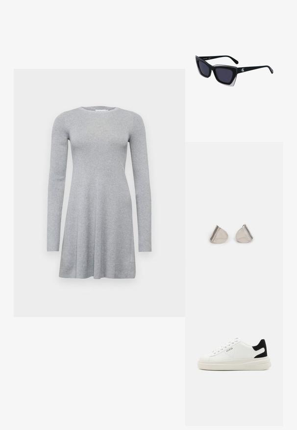 Grå långärmad klänning med ribbad textur, rundad krage och flödande A-linjeform. Enkel design, inga synliga mönster eller detaljer.; Vita lädersneakers med en tjock vit sula, svartsuede hälaccent och präglad logotyp på sidan. Snörningsdesign med sex öglor.; Svart överdimensionerade solglasögon med geometrisk form, med mörka linser och en kontrasterande grå detalj på ramen. Logotyp på bygeln.; Silverfärgade metallörhängen med en slät, tårformad design och en polerad yta. Subtila gravyrer tillför detaljer. Minimalistisk design.