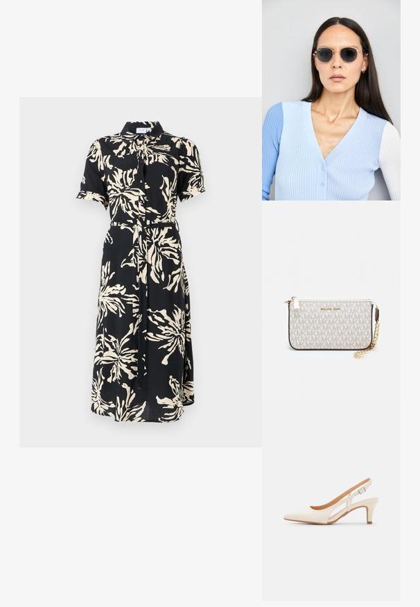 Sukienka na krótki rękaw, zapinana na guziki, w czarnym materiale z dużymi kremowymi wzorami kwiatowymi, w talii z paskiem, o długości midi, klasyczny kołnierzyk.; Biała szpilka slingback z ostrym noskiem, gładkim materiałem wierzchnim, niskim obcasem blokowym oraz wycięciami po bokach i regulowanym paskiem z klamrą.; Okrągłe okulary przeciwsłoneczne z ciemnymi soczewkami i złotymi ramkami. Modelka nosi jasnoniebieski kardigan w prążki z guzikami i białymi rękawami w kontrastowym kolorze.; Portfel na nadgarstek marki Michael Kors w beżowej, pokrytej płótnem, z powtarzającym się wzorem logo MK, złotym okuciem i odpinanym łańcuszkowym paskiem.
